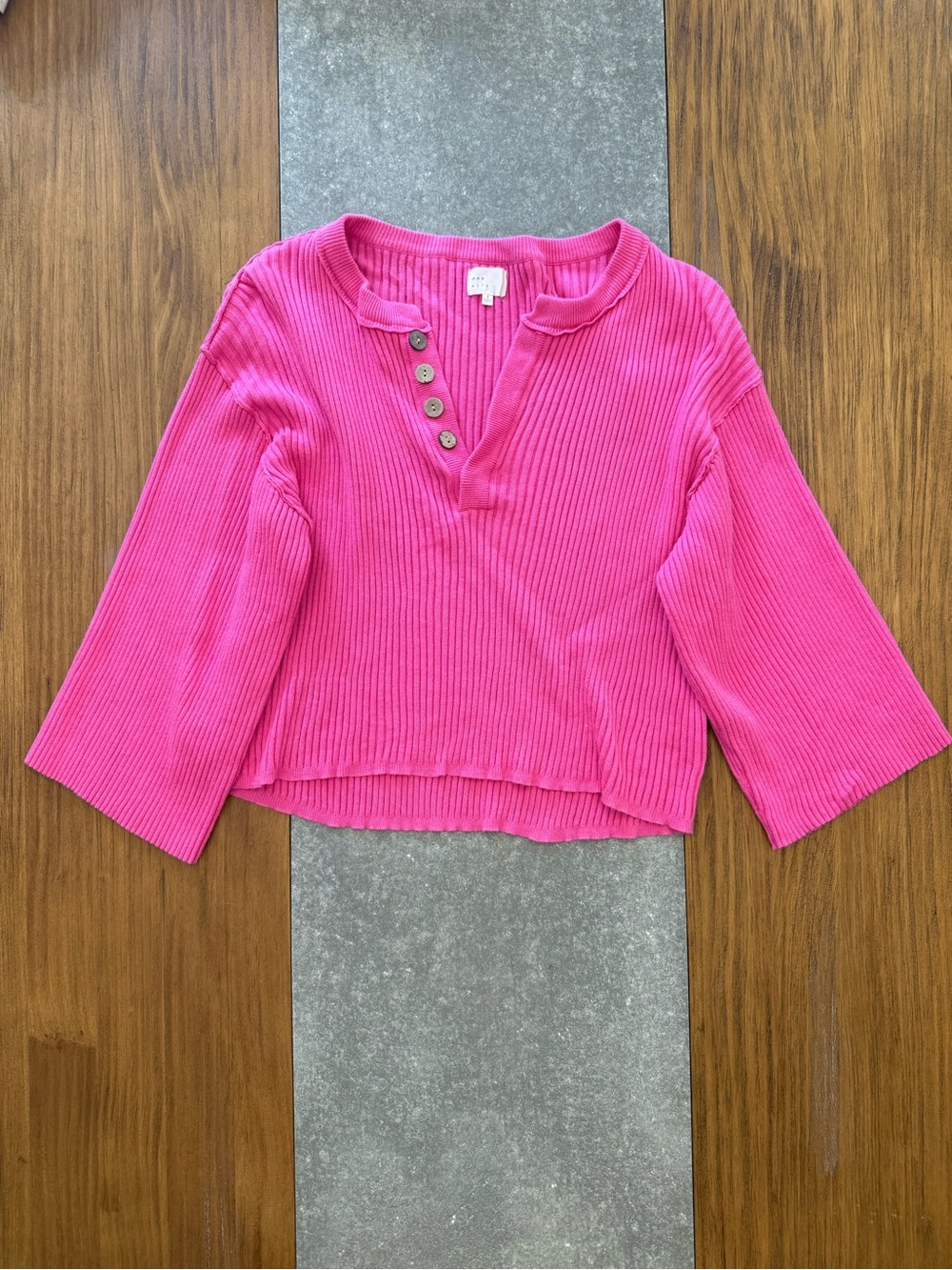 Ribbed V-Neck Button Pullover Sweater - Hot Pink
